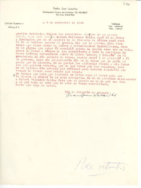 [Carta] 1945 nov. 9, San Juan, Puerto Rico [a] Gabriela [Mistral]  [manuscrito] Pedro Juan Labarthe.