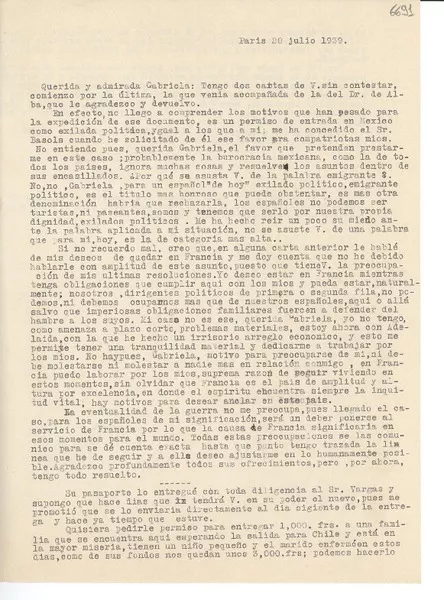 [Carta] 1939 jul. 20, París [a] Gabriela Mistral  [manuscrito] Victoria Kent.