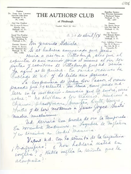 [Carta] 1954 abr. 30, Pittsburgh, [Pennsylvania] [a] Gabriela Mistral  [manuscrito] Pedro Juan Labarthe.