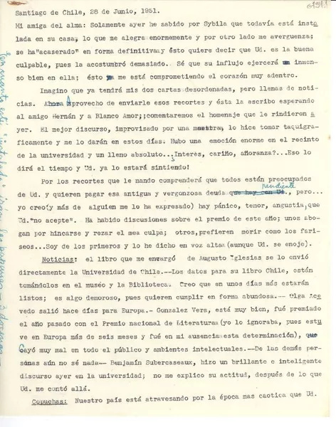 [Carta] 1951 jun. 28, Santiago de Chile [a] Gabriela Mistral  [manuscrito] Matilde Ladrón de Guevara.