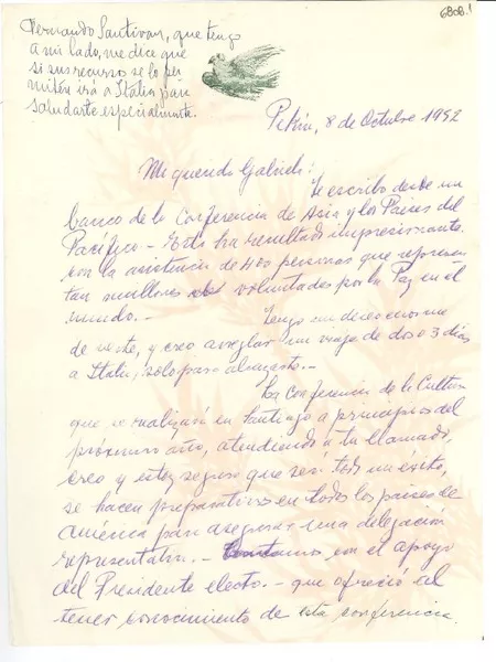 [Carta] 1952 oct. 8, Pekín [a] Gabriela Mistral  [manuscrito] Mireya Lafuente.