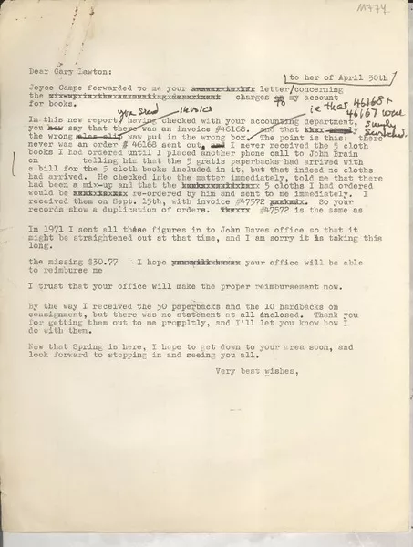 [Carta] [1973?] [Apr.?], [EE.UU.] [a] Dear Gary Lawton, [EE.UU.?]  [manuscrito] Doris Dana.