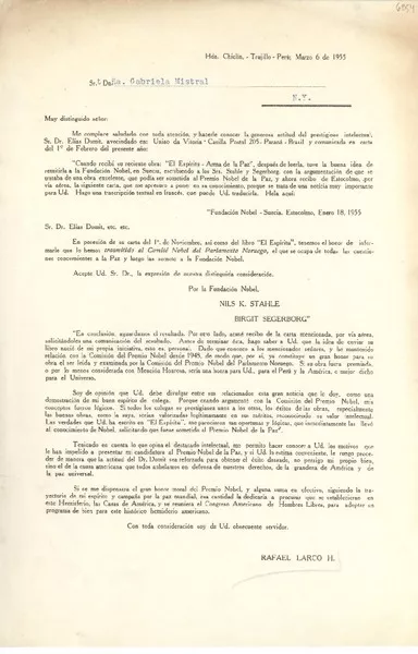 [Carta] 1955 mar. 6, Hda. Chiclín, Trujillo, Perú [a] Gabriela Mistral, [Nueva York, EE.UU.]  [manuscrito] Rafael Larco H.