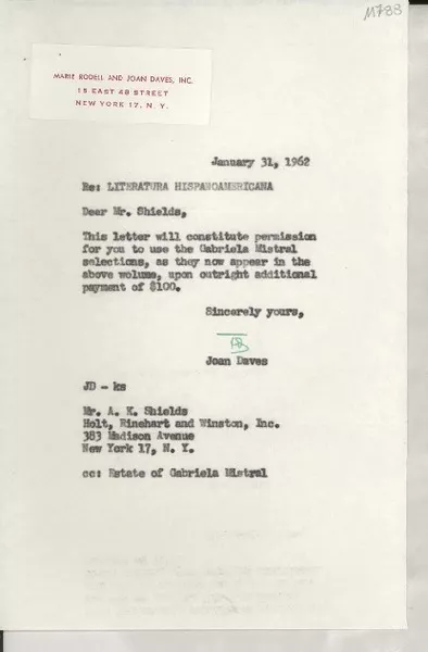 [Carta] 1962 Jan. 31, New York, N. Y., [EE.UU.] [a] Mr. A. K. Shields, Holt, Rinehart and Winston, Inc., New York, [EE.UU.]  [manuscrito] Joan Daves.