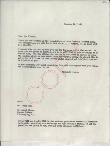 [Carta] 1960 Dec. 20, [EE.UU.] [a] Mr. Angel Flores, Queens College, N. Y., [EE.UU.]  [manuscrito] [Joan Daves].
