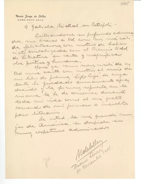 [Carta] 1945 nov. 21, Buenos Aires, [Argentina] [a] Gabriela Mistral, Petrópolis, [Brasil]  [manuscrito] M. de Lellis.