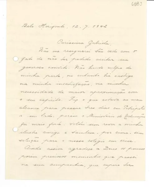 [Carta] 1942 jul. 12, Belo Horizonte, [Brasil] [a] Gabriela [Mistral]  [manuscrito] Henriqueta [Lisboa].