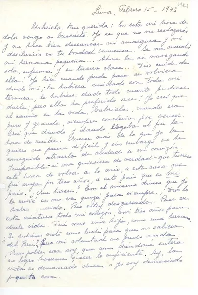 [Carta] 1943 feb. 15, Lima, [Perú] [a] Gabriela [Mistral]  [manuscrito] Teresa María [Llona].