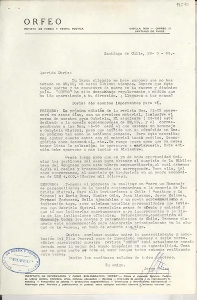 [Carta] 1966 ago. 29, Santiago de Chile [a] Querida Doris  [manuscrito] Jorge Vélez.