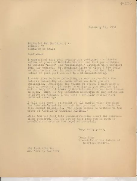 [Carta] 1958 Feb. 11, [Estados Unidos] [a] Editorial del Pacífico S. A., Santiago de Chile  [manuscrito] Doris Dana.