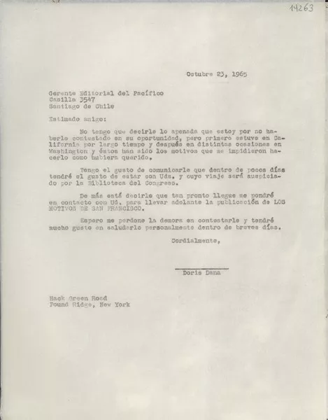 [Carta] 1965 oct. 23, Hack Green Road, Pound Ridge, New York, [Estados Unidos] [a] Gerente Editorial del Pacífico, Santiago de Chile  [manuscrito] Doris Dana.
