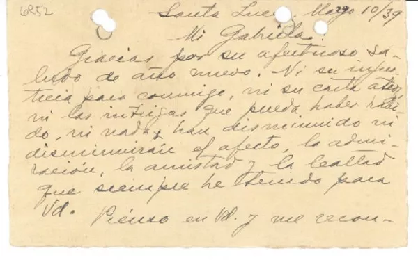 [Tarjeta] 1939 mar. 10, Santa Lucía, [Uruguay] [a] Gabriela [Mistral]  [manuscrito] Luisa Luisi.
