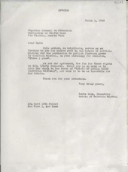 [Carta] 1959 Mar. 5, New York, [Estados Unidos] [a] Superior Council on Education, University of Puerto Rico, Rio Piedras, Puerto Rico  [manuscrito] Doris Dana.