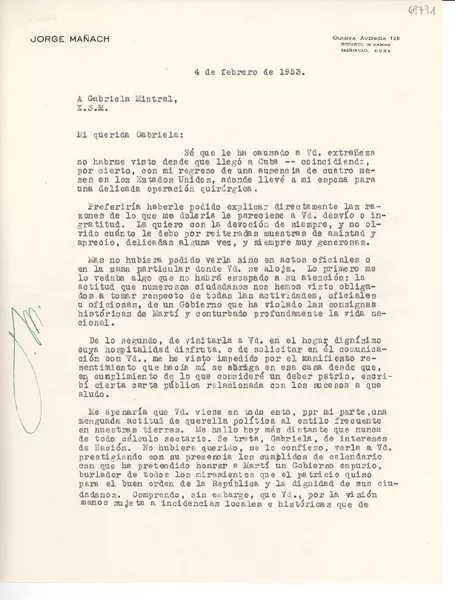 [Carta] 1953 feb. 4, Cuba [a] Gabriela Mistral,  [manuscrito] Jorge Mañach.