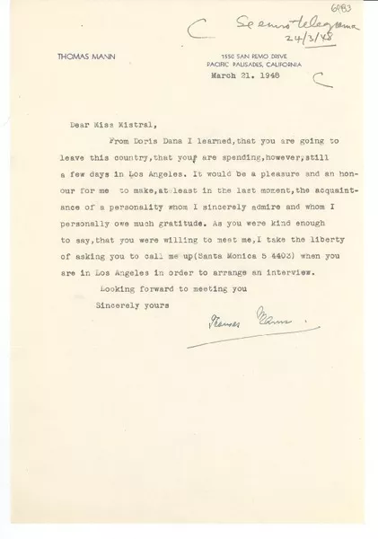 [Carta] 1948 Mar. 21, California, [EE.UU.] [a] [Gabriela] Mistral  [manuscrito] Thomas Mann.