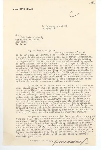 [Carta] 1953 abr. 27, La Habana [a] Gabriela Mistral, New York, U.S.A.  [manuscrito] Juan Marinello.