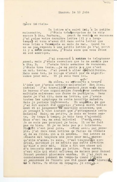 [Carta] juin 10, Sharon [a] Gabriela [Mistral]  [manuscrito] Frances [Mason].