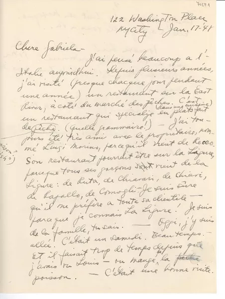 [Carta] 1948 janv. 17, Washington Place, N. Y. City, [EE.UU.] [a] Gabriela [Mistral]  [manuscrito] Frances [Mason].