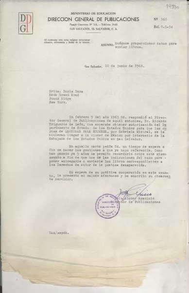 [Carta] 1968 jun. 10, San Salvador, [El Salvador] [a] Srita. Doris Dana, Hack Green Road, Pound Ridge, New York  [manuscrito] Luis Alonso Aparicio.