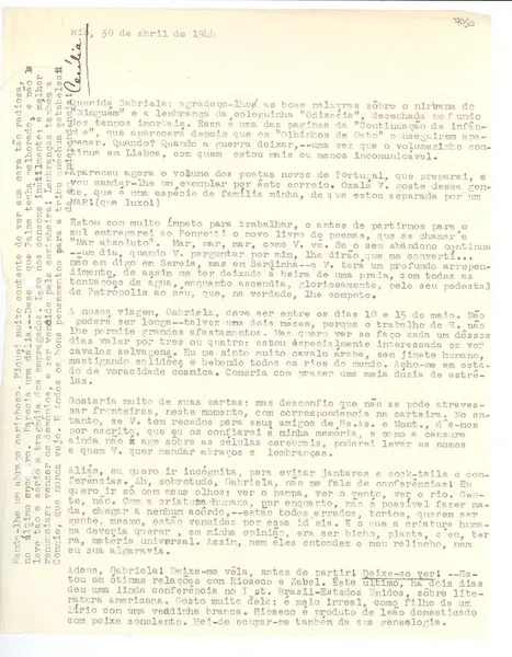 [Carta] 1944 abril 30, Rio, [Brasil] [a] Gabriela [Mistral]  [manuscrito] Cecilia [Meireles].