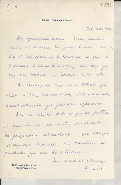 [Carta] [Santiago, Chile] [a] Muy apreciada Doris  [manuscrito] Raúl Yrarrázaval.