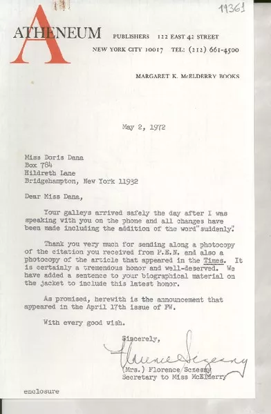 [Carta] 1972 May 2, 122 East 42 street, New York city 10017, [Estados Unidos] [a] Miss Doris Dana, Box 784, Hildreth Lane, Bridgehampton, New York 11932  [manuscrito] Florence Sczesny.