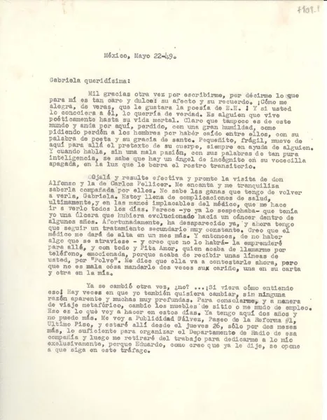 [Carta] 1949 mayo 22, México [a] Gabriela Mistral  [manuscrito] Margarita [Michelena].