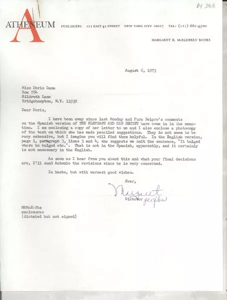 [Carta] 1973 Aug. 6, 122 East 42 street, New York City 10017, [EE.UU.] [a] Miss Doris Dana, Box 784, Hildreth Lane, Bridgehampton, N. Y. 11932, [EE.UU.]  [manuscrito] Margaret K. McElderry.