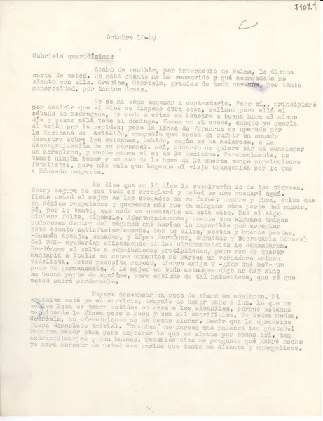 [Carta] 1949 oct. 10, [México] [a] Gabriela Mistral  [manuscrito] Margarita [Michelena].