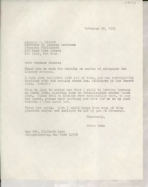 [Carta] 1973 Feb. 20, Box 784, Hildreth Lane, Bridgehampton, New York 11932, [EE.UU.] [a] Suzanne M. Glazer, Director of Library Services, Atheneum Publishers, 122 East 42nd Street, New York, New York, [EE.UU.]  [manuscrito] Doris Dana.
