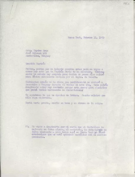 [Carta] 1963 feb. 11, Nueva York, [EE.UU.] [a la] Sra. Haydeé Brun, Montevideo, Uruguay  [manuscrito] [Doris Dana].