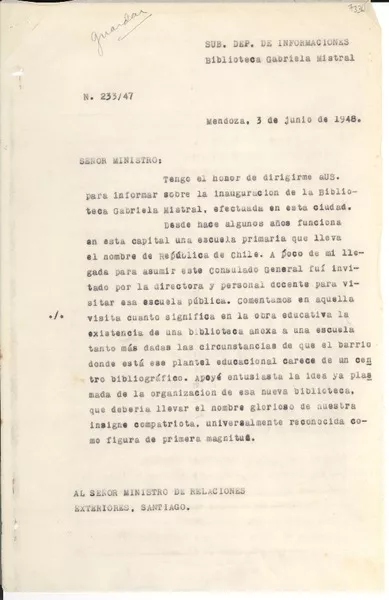 [Carta] 1948 jun. 3, Mendoza, [Argentina] [al] Señor Ministro de Relaciones Exteriores, Santiago, [Chile]  [manuscrito] Juan Mujica.