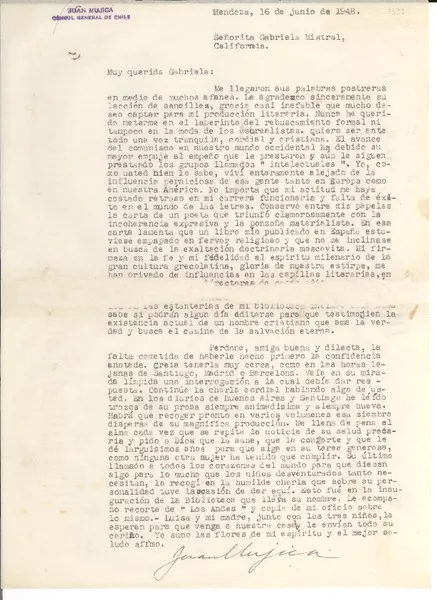 [Carta] 1948 jun. 16, Mendoza, [Argentina] [a] Gabriela [Mistral], California, [EE.UU.]  [manuscrito] Juan Mujica.