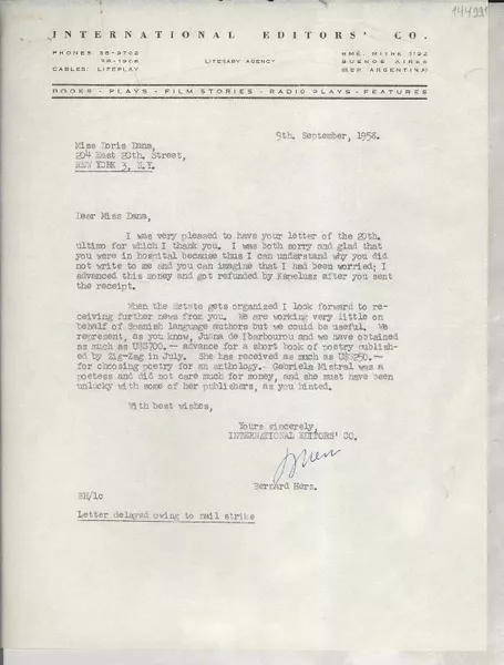 [Carta] 1963 ene. 24, Buenos Aires, [Argentina] [a] Señora Doris Dana, box 284 R. F. 2, Pound Ridge, New York, Estados Unidos de America  [manuscrito] José Boris Spivacow.