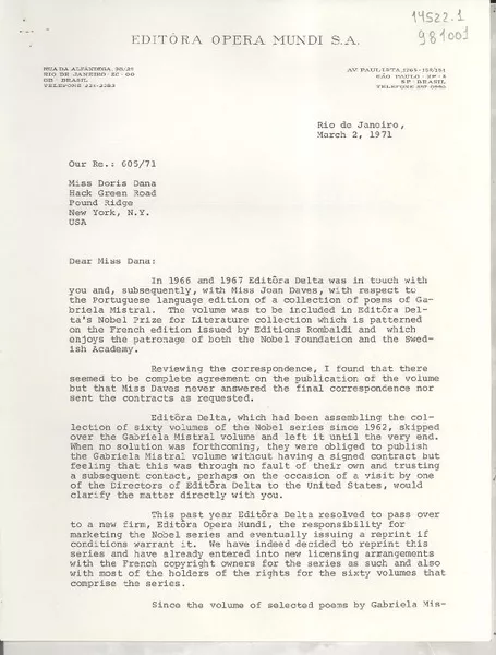 [Carta] 1971 Mar. 2, Rio de Janeiro, [Brasil] [a] Miss Doris Dana, Hack Green Road, Pound Ridge, New York, N. Y., USA  [manuscrito] Roger Ross.