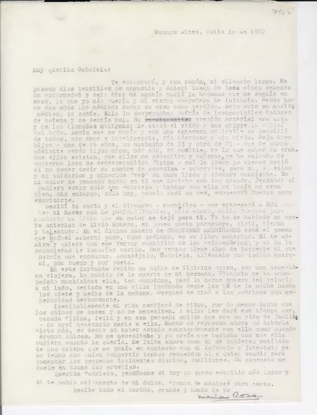 [Carta] 1950 jul. 10, Buenos Aires, [Argentina] [a] Gabriela [Mistral]  [manuscrito] María Rosa [Oliver].
