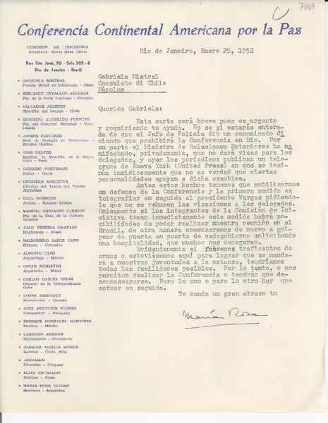 [Carta] 1952 ene. 29, Río de Janeiro, [Brasil] [a] Gabriela Mistral, Nápoles, Italia  [manuscrito] María Rosa Oliver.