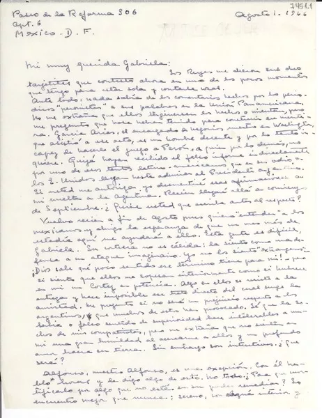 [Carta] 1946 ago. 1, México D. F. [a] Gabriela Mistral  [manuscrito] María Rosa [Oliver].