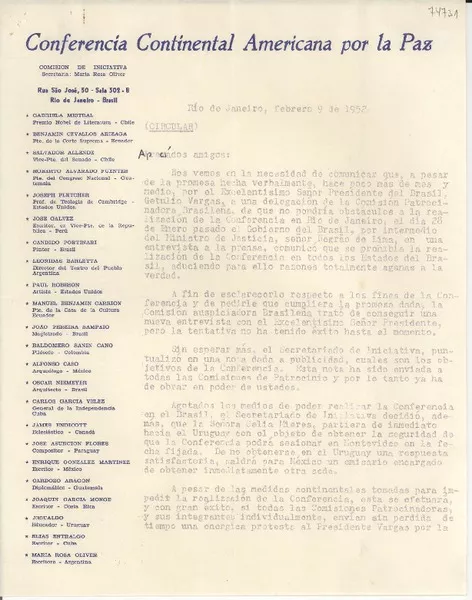 [Carta] 1952 feb. 11, Río de Janeiro, [Brasil] [a] [Gabriela Mistral]  [manuscrito] María Rosa Oliver, Branca Fialho, Juan Lamatta.