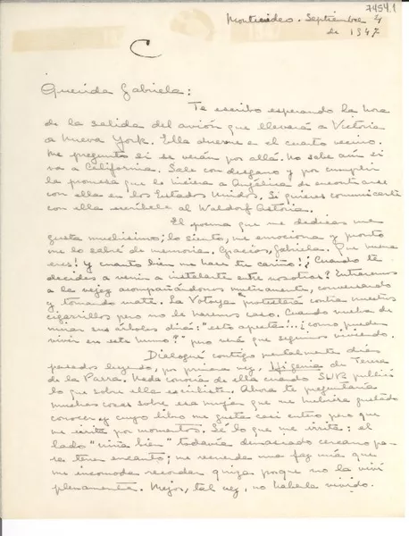[Carta] 1947 sept. 4, Montevideo [a] Gabriela Mistral  [manuscrito] María Rosa [Oliver].