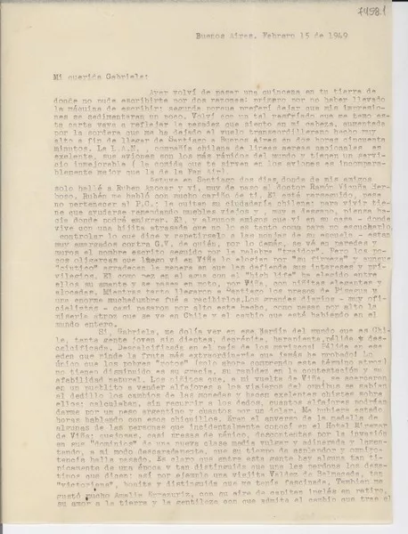 [Carta] 1949 feb. 15, Buenos Aires [a] Gabriela Mistral  [manuscrito] María Rosa [Oliver].