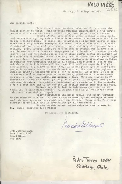 [Carta] 1965 mayo 6, Santiago, [Chile] [a] Srta. Doris Dana, Hack Green Road, Pound Ridge, New York  [manuscrito] Mercedes Valdivieso.