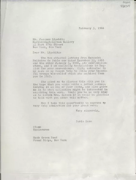 [Carta] 1966 Feb. 3, Hack Green Road, Pound Ridge, New York, [EE.UU.] [a] Mr. Jacques Lipchitz, Marlborough-Gerson Gallery, 41 Fast 57th Street, New York, New York, [EE.UU.]  [manuscrito] Doris Dana.