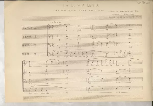 La lluvia lenta coro para cuatro voces masculinas [música] : Roberto Escobar ; texto de Gabriela Mistral.