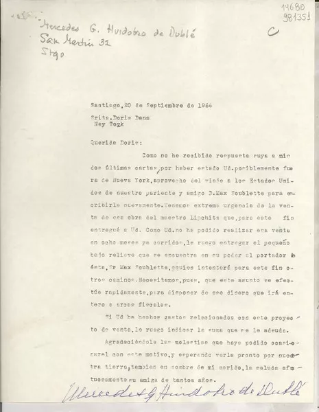 [Carta] 1966 sept. 20, Santiago, [Chile] [a] Srita. Doris Dana  [manuscrito] Mercedes G. Huidobro de Dublé.