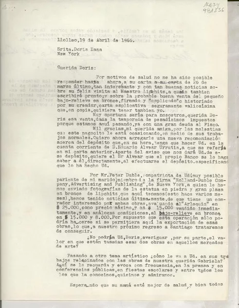[Carta] 1966 abr. 19, Llolleo, [Chile] [a la] Srta. Doris Dana, New York, [EE.UU.]  [manuscrito] Mercedes G. Huidobro de Dublé.