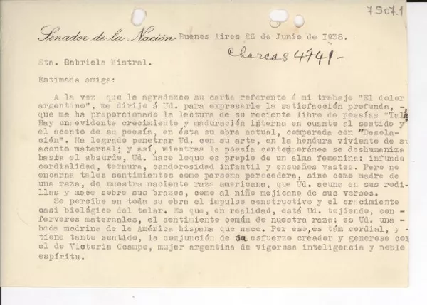 [Carta] 1938 jun. 26, Buenos Aires [a] Gabriela Mistral  [manuscrito] Alfredo Palacios.