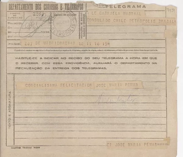 [Telegrama] 1945 nov. 16, Madrid, [España] [a] Gabriela Mistral, Petrópolis, [Brasil]  [manuscrito] José María Pemán.