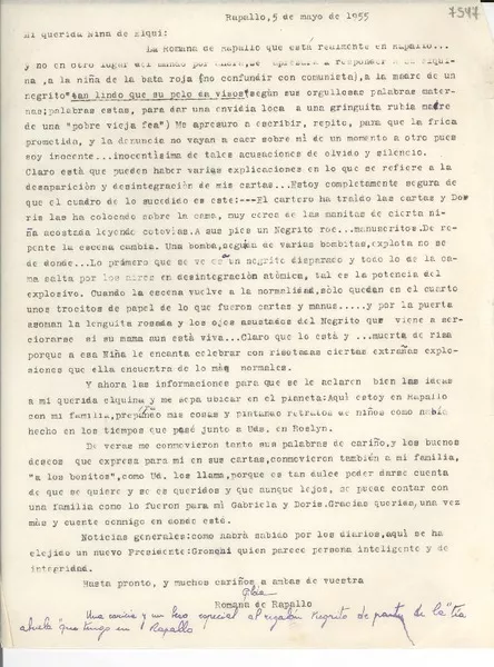[Carta] 1955 mayo 5, Rapallo, [Italia] [a] Gabriela Mistral  [manuscrito] Gilda [Péndola Gianollo].