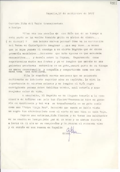 [Carta] 1955 sept. 15, Rapallo, [Italia] [a] Gabriela Mistral, Roslyn, [New York]  [manuscrito] Gilda [Péndola Gianollo].
